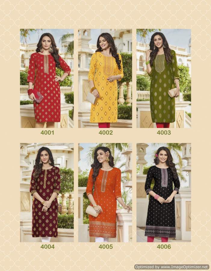 Victorias 4 Heavy Rayon Regular Wear Embroidery Kurti Collection